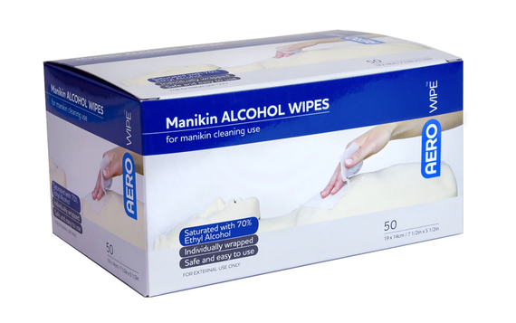 Manikin Alcohol Cleaning Sanitiser Wipe, 70 Percent Isopropyl Alcohol, 19 x 14cm, Prefolded, 50 Single Pouch per Box