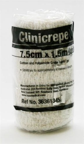 7.5CM CREPE BANDAGE 1.5M (4M STRETCHED) with CLIP CLINICREPE